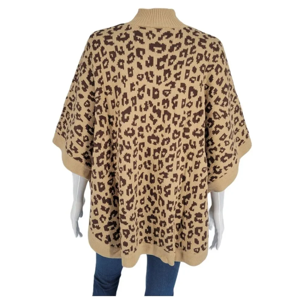 Denim Co Womens Poncho Buttoned Sweater Medium Size Beige Brown Animal Print - Picture 5 of 10